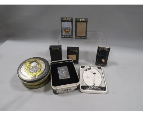 Seven various Zippo lighters to include "The Varges girl 1935 and a Harley Davidson" both in tins, Falkland Islands, Harley D