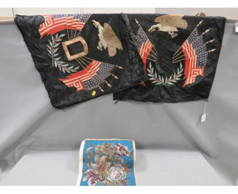 A vintage beadwork flower panel together with  two American themed embroidered panels (3) 