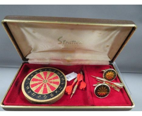 A Stratton "Double Top" darts themed gift set consisting of cufflinks, tie pin and novelty miniature dartboard with three dar