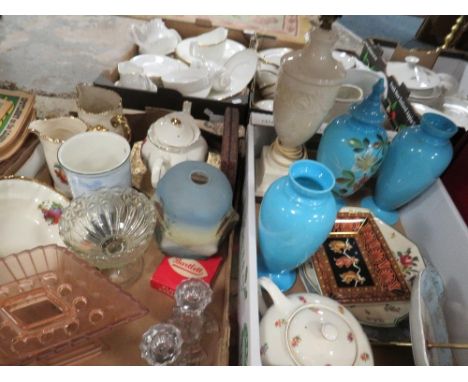 Two trays of ceramics and glass to include Wedgwood and a vintage decorative hand painted light shade 