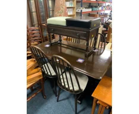 An Ercol style refectory table with four hoop back chairs and a telephone table A/F 