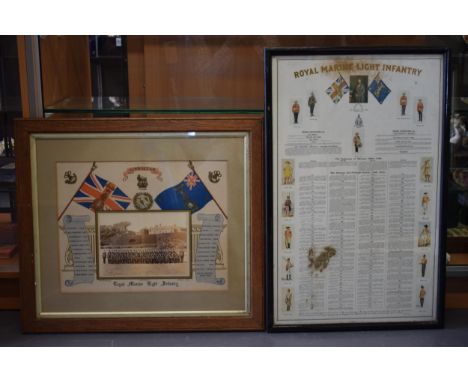 A framed photo of the Royal Marine Light Infantry, Gibraltar, W H Franklin, with a Royal Marine Light Infantry information po