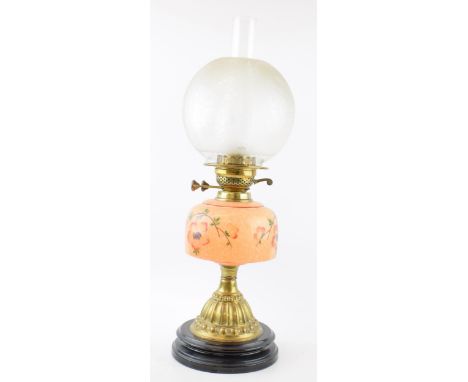 Antique oil lamp 'Made in England' decorative fluted brass stand mounted on ceramic base, mottled opaline glass with hand pai