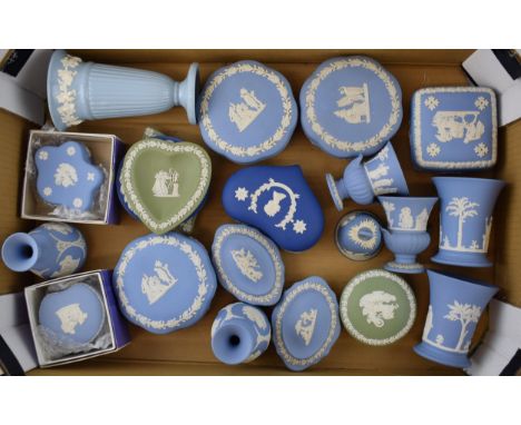 A collection of Wedgwood Jasperware to include vases, bud vases, lidded pots, trinket trays and pin dishes in colours blue, s