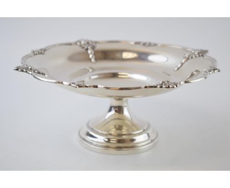 Hallmarked silver pedestal dish with embossed floral decoration, Sheffield 1941, Walker and Hall, 352.4 grams, 22cm diameter.