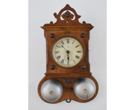 A Wurttemberg kitchen wall alarm clock, Wurttemberg mark to movement. Double alarm bells with working alarm. Original hinge a