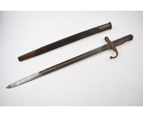 19th century bayonet with wooden and metal handle with scabbard, 59cm long.  Scabbard doesnt quite fit all the way.