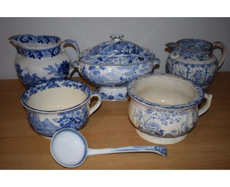 19th century blue and white pottery to include a Wedgwood tureen, a large jug, an Adams jug with 2 chamber pans and a ladle (