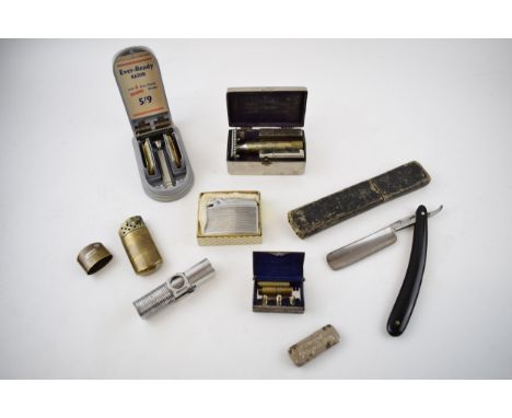 A collection of vintage shaving items to include boxed Gillette PAT. 133963, An Every Razor, Ronson lighter, Nimrod 'PIPELITE