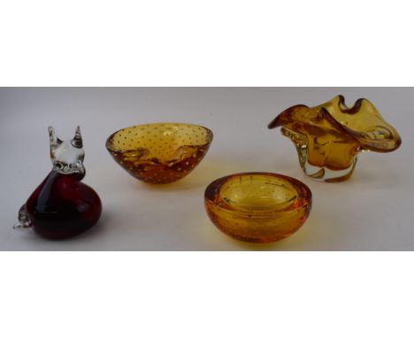 A collection of vintage glass items to include White Friars studio glass bowl and Orrefors glass or similar type bowls in ora