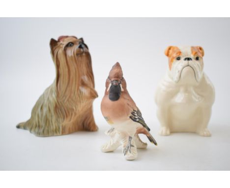 Beswick Bulldog together with a Yorkshire Terrier with raised paw (second) together with a Goebel waxwing bird (3).  In good 