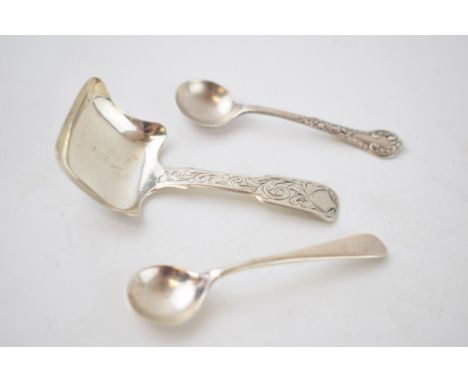 Victorian silver caddy spoon, scroll design to handle, Birm 1842, with 2 silver mustard spoons, Sheffield 1893 and Birm 1911 