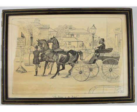 Original ink sketch 'The Demon of the Road' H.J.A XMAS 1888. BEWARE OF THE STEAM ROLLER. Showing a horse and carriage rearing