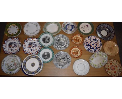 A large collection of 19th century plates to include Spode Felspar examples, blue and white and many others (Qty).  Damages p