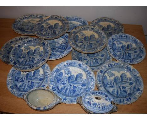 19th century Spode blue and white transfer ware in the Caramanian pattern, part dinner set, to inlcude an oval serving platte