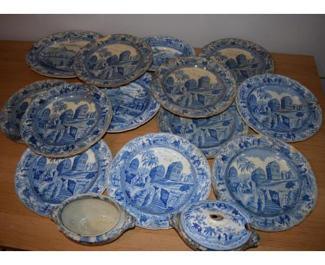 19th century Spode blue and white transfer ware in the Caramanian pattern, part dinner set, to inlcude an oval serving platte