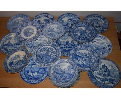 A large and interesting collection of 19th century blue and white plates to include Spode 'The Common Wolf Trap', with Wedgwo