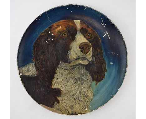 An original artwork of a gun dog, "Springer Spaniel' in a naive style. Painted on a cardboard / papier mache dish with wall h