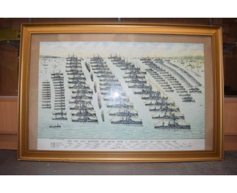 'HM The King Reviewing the British Home and Atlantic Fleets off Cowes 1909' print, in frame, 55cm x 84cm exc mount / frame.  