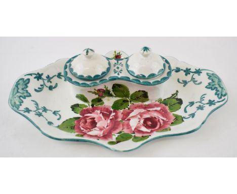 A Wemyss ware, Scottish Pottery double inkwell with cabbage roses design signed Wemyss to base. Width 26cm, Height 8cm.  In g