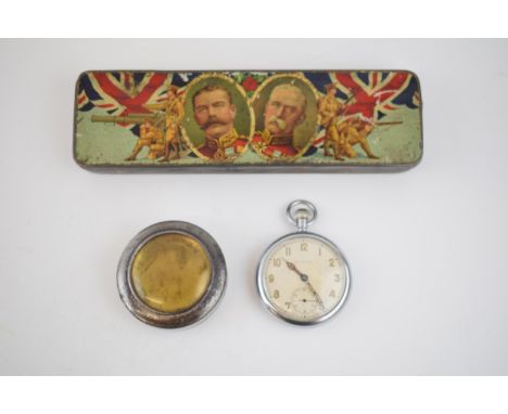 WWII British Military Army issue nickel cased pocket watch, off white dial signed Leonidas with luminous Arabic numerals, min