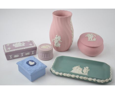 Wedgwood Jasperware to include colours such as pink, lilac, teal and a tri-colour trinket (6).  In good condition with no obv