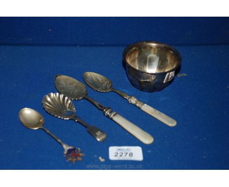 Two Mother of Pearl handled Jam Spoons, Epns caddy spoons and an Epns sugar bowl.