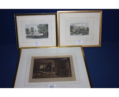 A sepia coloured Print of an interior, a coloured Print of Chislehurst Church and a coloured Print of The Old Bridge, Herefor