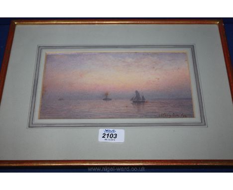 A signed Watercolour of a sunrise seascape by Mercy Fox, framed, mounted and glazed, 9 1/4'' x 4 3/4''.