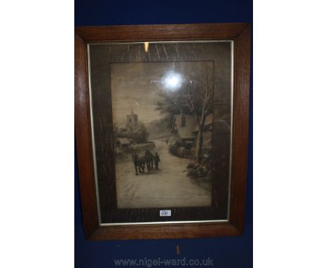 A large framed and wooden mounted Print of a village scene, indistinctly signed lower left.