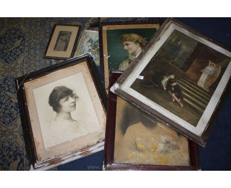 Four Framed Period Portrait Prints Inc One in Carved Cruciform Frame T/W Two Framed Religious Prints.