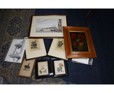A quantity of Pictures and prints including a Watercolour of Constantinople, pair of pictures on glass of Dutch scenes, Londo