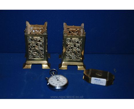 A pair of pierced Brass Spill Vases, a brass snuff box with hidden opening mechanism and a Smiths stop watch.