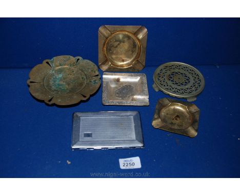 A Brass Butterfly Tazza, Three Ash Trays, A Stand & Cigarette Case with Engine Turned Decoration.