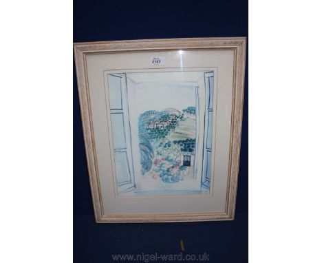 A framed and mounted Print of a continental landscape through a shuttered window.