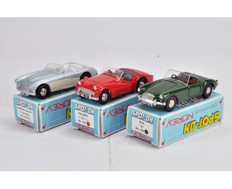 Trio of Norev Spot-On Diecast cars including Austin Healey, Triumph and MG. M in Boxes. (3)