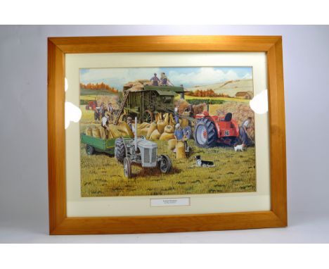 Large Farm Fieldwork Print featuring Field Marshall Tractor theme of Autumn Threshing. Ray Hutchins. 