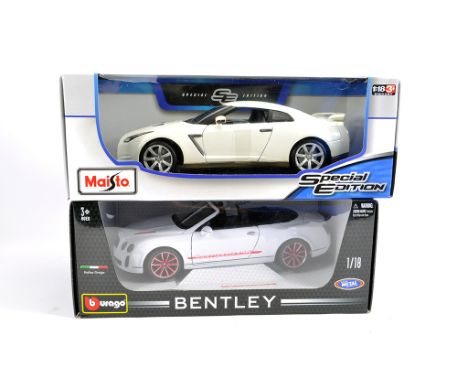 Maisto and Burago 1/18 Diecast Sports Car Duo including Nissan and Bentley models. M in Boxes. (2)