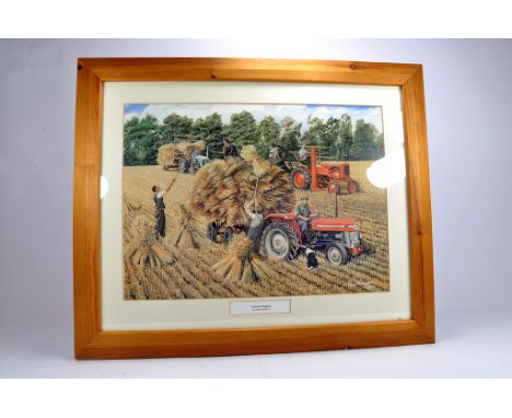 Large Farm Fieldwork Print featuring Massey Ferguson Tractor theme of Summer Reaping. Ray Hutchins. 