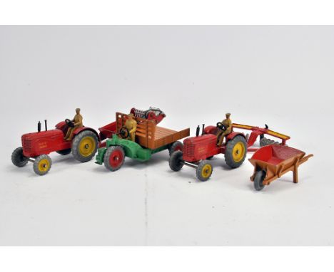 Dinky Toys Selection of Tractor and Farm Items including Massey Harris x 2, Motocart, Manure Spreader, Discs and wheel barrow