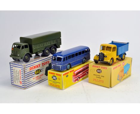 Dinky Toys No. 622 10 Ton Army Truck, 282 Roadmaster Coach and 410 Bedford End Tipper. G to E in F and 2 Repro boxes. (3)