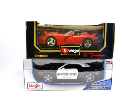 Maisto and Burago 1/18 Diecast Sports Car Duo including Dodge and Chevrolet models. M in Boxes. (2)