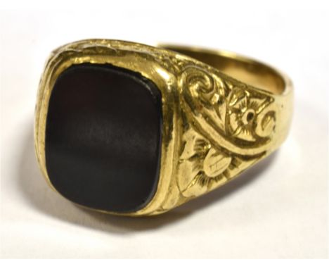 GENTS 9CT GOLD SIGNET RING WITH BLACK PANEL BEZEL Engraved shoulders, shank marked 9CT, Ring size R, weight 6g