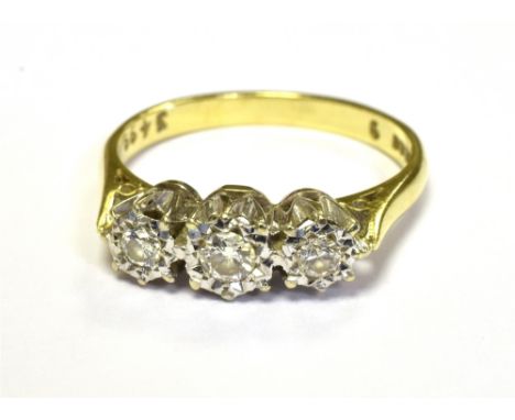VINTAGE 18ct GOLD DIAMOND THREE STONE DRESS RING The three small old cut diamonds illusion set in platinum, faded hallmark, r