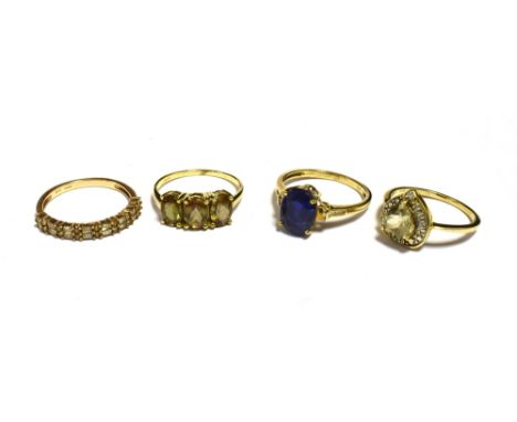 FOUR 9CT GOLD DRESS RINGS, GEM AND STONE SET TO INCLUDE SAPPHIRE. RING SIZES O,O,O 1/2, P 1/2. Total weight 8.8g