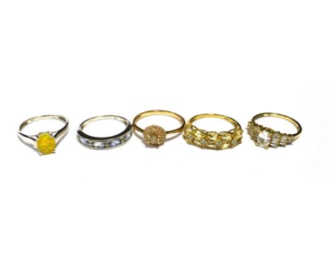 TJC &amp; TGGC FIVE 9CT GOLD GEM AND STONE/PASTE SET DRESS RINGS,  TJC X 4, TGGC x 1 Yellow Gold x3, White Gold x 2 Ring size