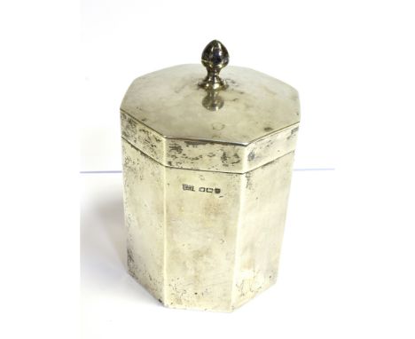 WALKER &amp; HALL SILVER TEA CADDY the octagonal shaped caddy of plain form, stamped Walker &amp; Hall W&amp;H to the base, h
