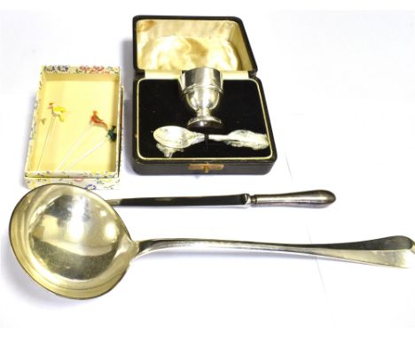 ASSORTED COLLECTABLES Cased silver egg cup and spoon. Large silver plated soup ladle (with crest and rat tail detail) letter 