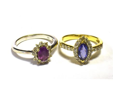 TWO ILIANA 18K WHITE GOLD CLUSTER RINGS. Gem and stone set (purple) Ring sizes O 1/2, O 1/2 Weight 10g