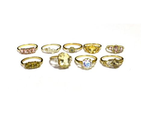 NINE 9K/ 375 DRESS RINGS, GEM, STONE AND PASTE SET RING SIZES N1/2, O, Q, S, S, Q, U, U, U Total weight 21g